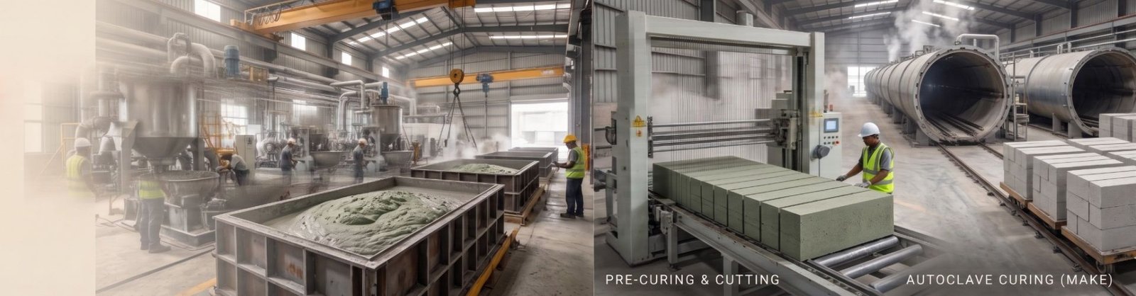 AAC manufacturing process with mixing, cutting and autoclave curing equipment